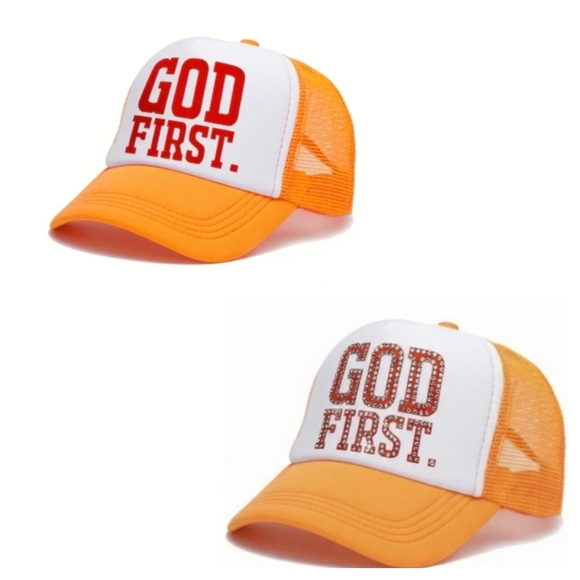 Accessories - GOD FIRST. Orange and White Trucker Cap 🧢 UNISEX